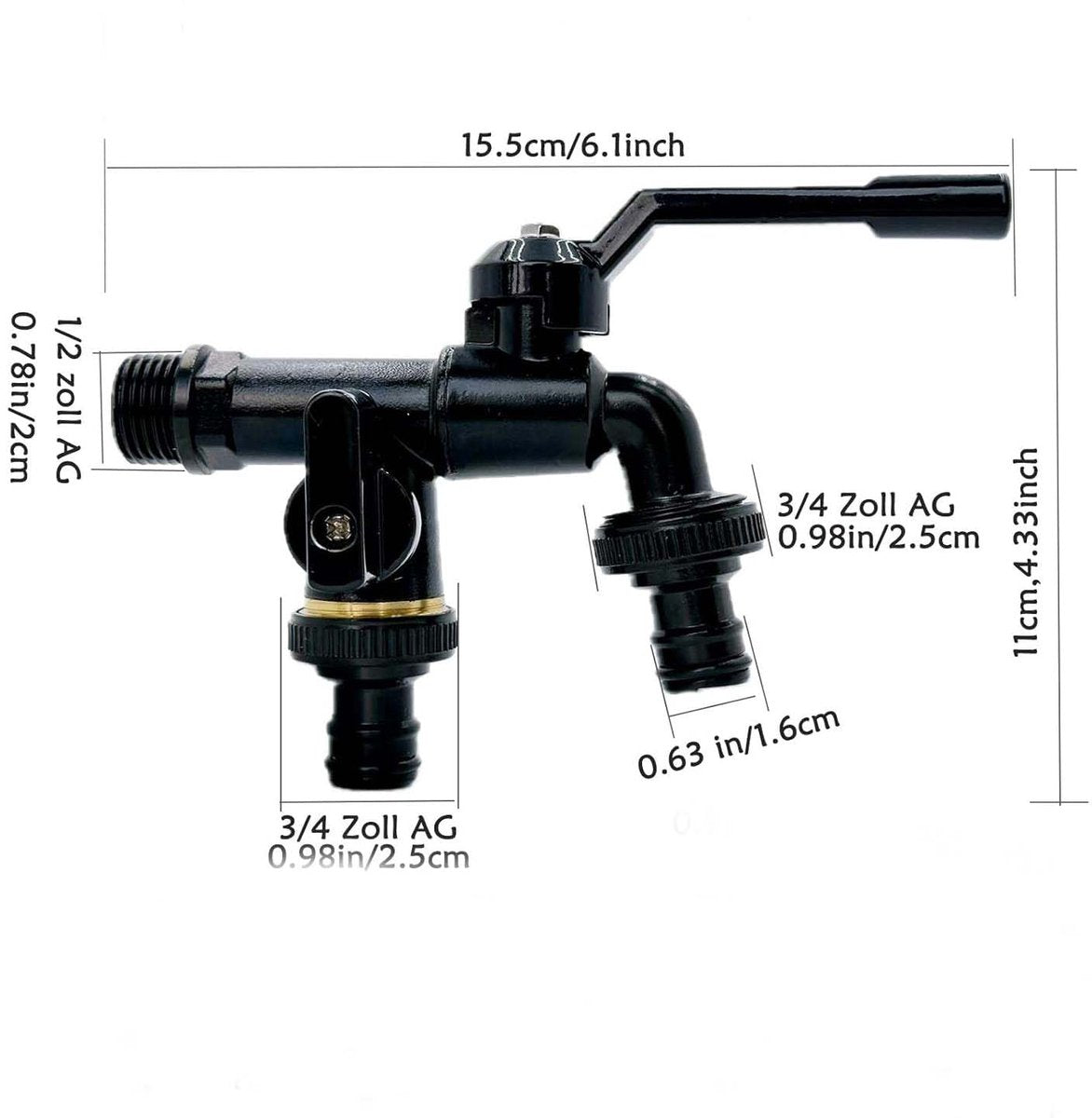 Brass double drain fitting for outdoor use - 3/4 inch - black - frost resistant - rust resistant - irrigation system - garden - ball valve - 2 outlets