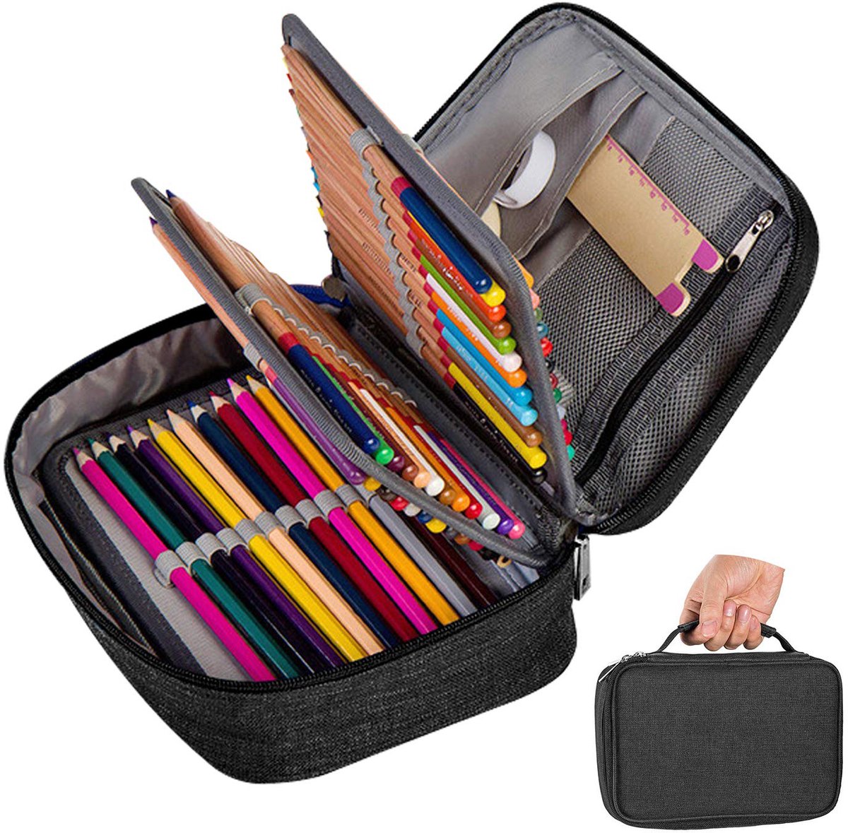 Pencil case - Black - Groot - 23 x 7 x 16 cm - For School, Boys, Girls and Adults - Pencil case