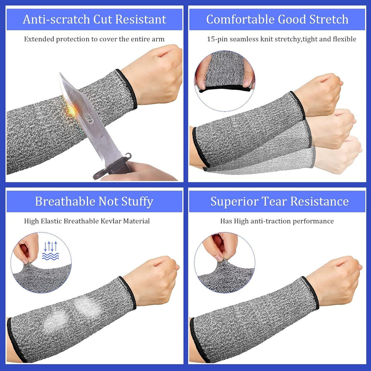 3 pairs of arm protectors for thin skin and bruises, cut-resistant forearm sleeves, level 5 burn protection (7.9 inches) - Gray