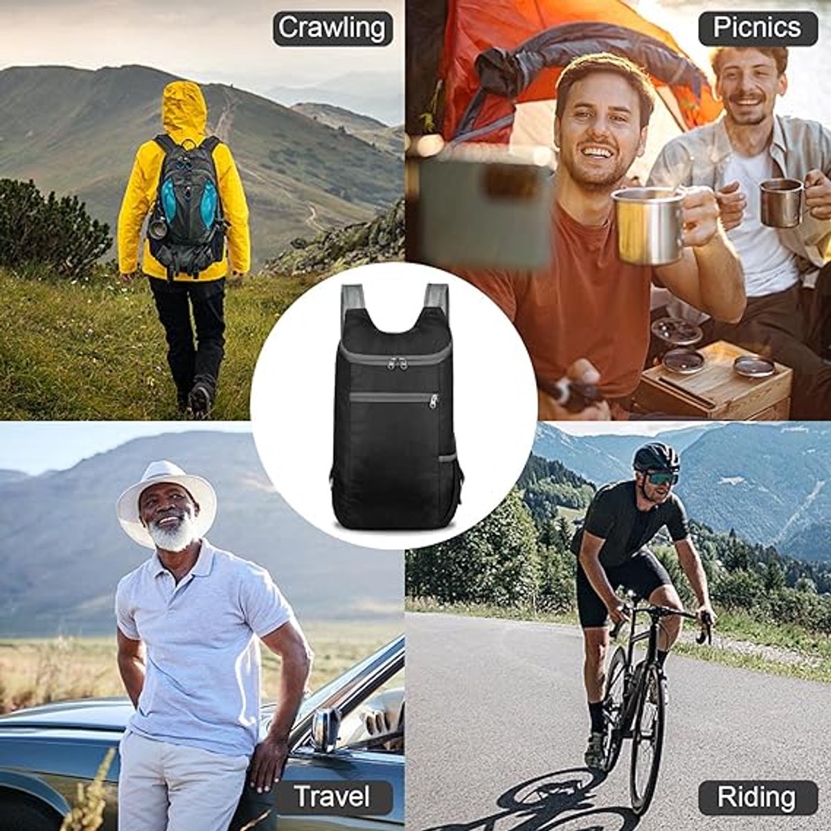 Backpack - Bag - Ultralight foldable backpack - Backpacks - Waterproof canvas, large capacity - Suitable for travel, hiking, camping, cycling, outdoor sports, Unisex, Black, One size