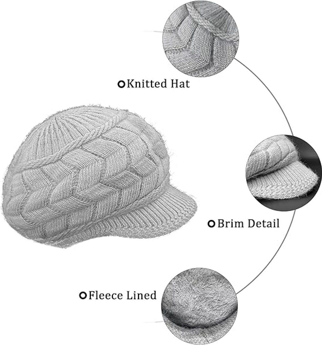 Hats - Women's Hats - Winter Hats - Knitted Beanie - Women's Wool Beanie - Warm Wool Knitted Beanie - With Visor - Newsboy Cap - Warm Fleece Lining - Skiing - Walking - Everyday Casual Wear
