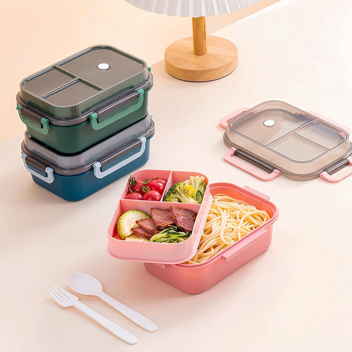 Lunch box with compartments, all-in-one double-layer lunch box, leakproof lunch box with cutlery for work, school, and picnics