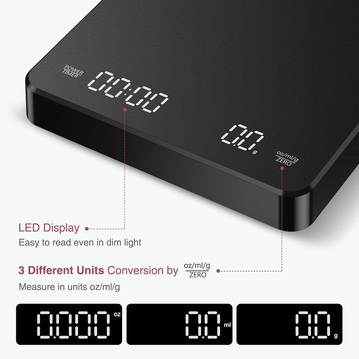 Coffee Scale - Digital Coffee Scale with Timer - Rechargeable for Filter Coffee, 3 kg / 0 g Digital Espresso Scale - with Peeling Function - 3 Units, LED Display - Black