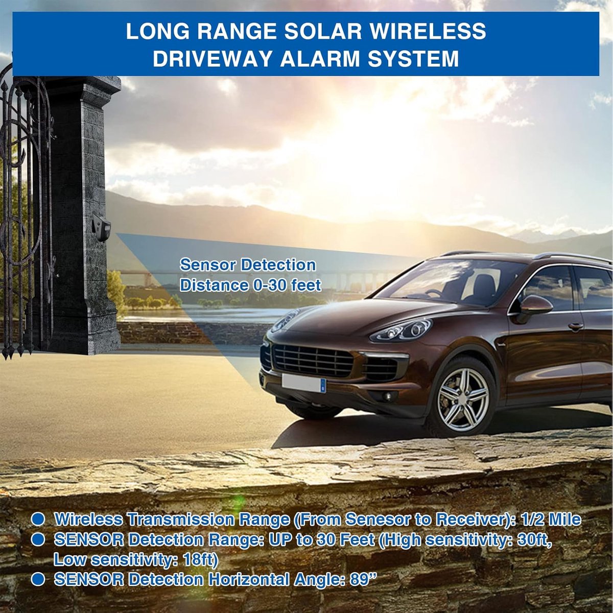 Driveway alarm - Entry detector - Solar driveway alarm - Motion detector - Wireless = Security - Wireless solar driveway alarm - Motion detector - Doorbell - DIY security system - (1 sensor and 2 doorbells)