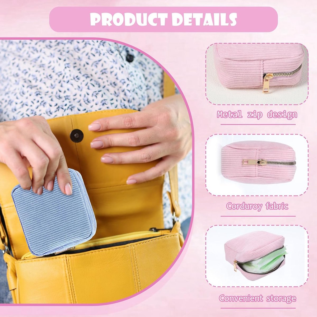 Toiletry bag - Women's toiletry bag - Toiletry bag - Tampon storage bag - Corduroy - Small makeup bag - Mini toiletry bag - Soft storage bag - Portable makeup bag (Pink)