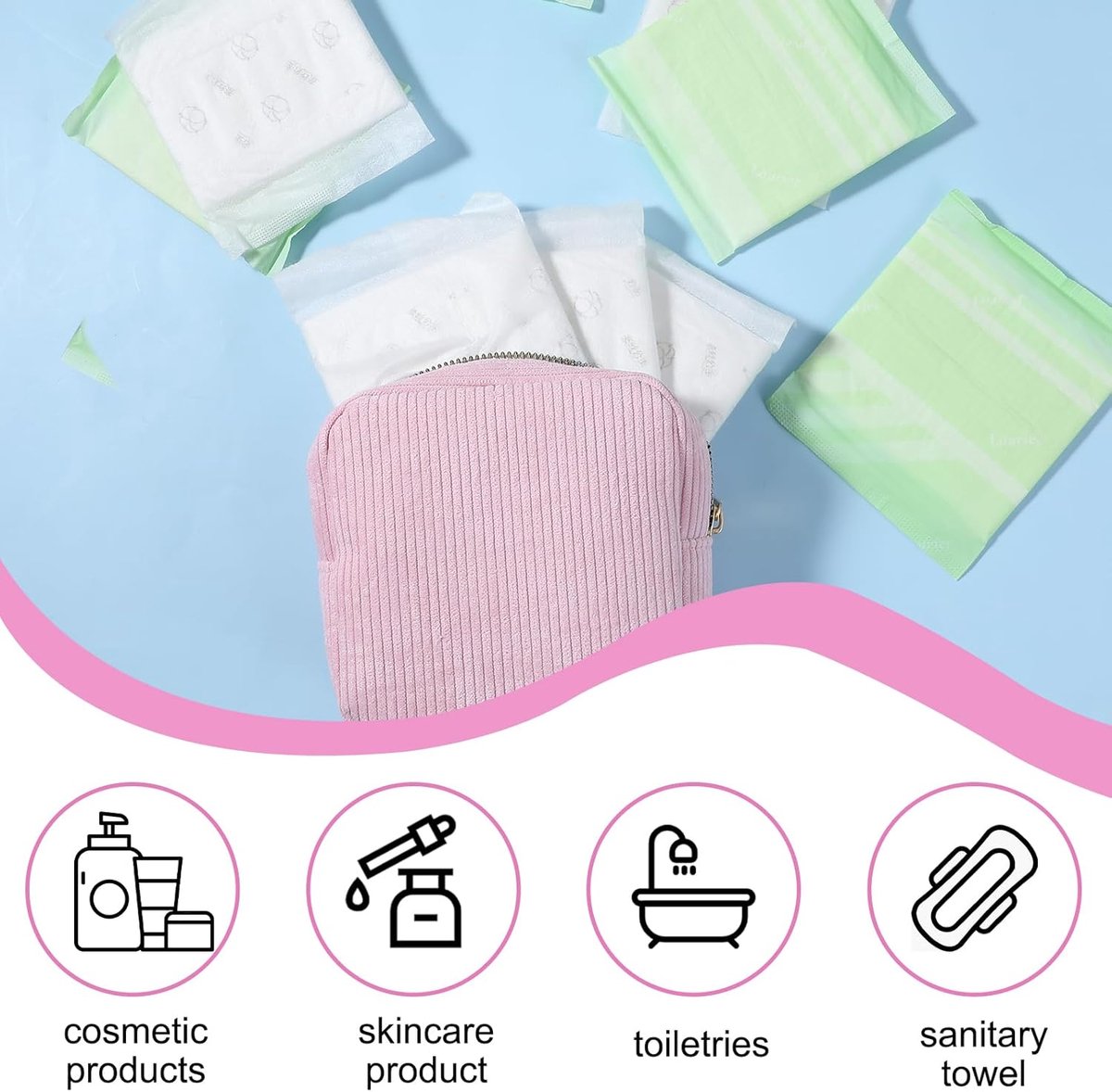 Toiletry bag - Women's toiletry bag - Toiletry bag - Tampon storage bag - Corduroy - Small makeup bag - Mini toiletry bag - Soft storage bag - Portable makeup bag (Pink)