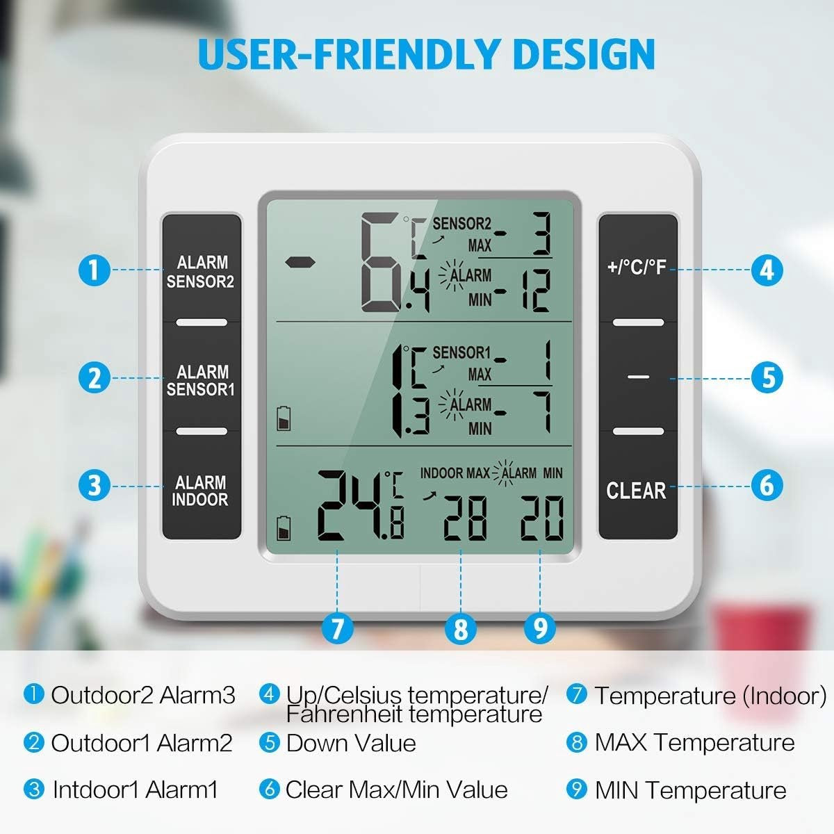 Thermometer - thermometers - indoor thermometer - freezer thermometer - freezer thermometer - digital hygrometer - with 2 sensors - for freezer with temperature alarm, MIN/MAX, temperature trend arrow display