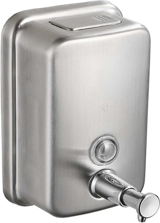 Durable commercial wall-mounted stainless steel soap dispenser with a large capacity for hand soap, rust-resistant design, perfect for bathrooms, hotels, restaurants or homes (brushed silver)