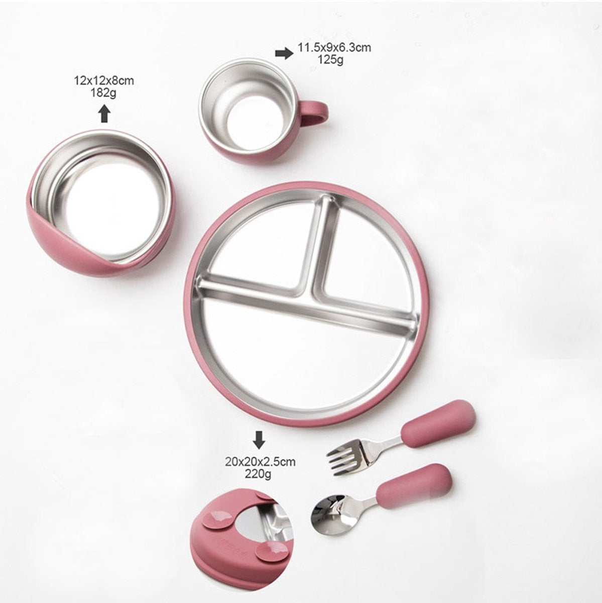 5-Piece Set - Children's Plate - Baby Plate in Stainless Steel - BPA-Free - Non-Slip - Unbreakable - Removable - Suitable for Children 1-3 Years Old - Includes Plate, Bowl, Cup, Fork, Spoon - Pink