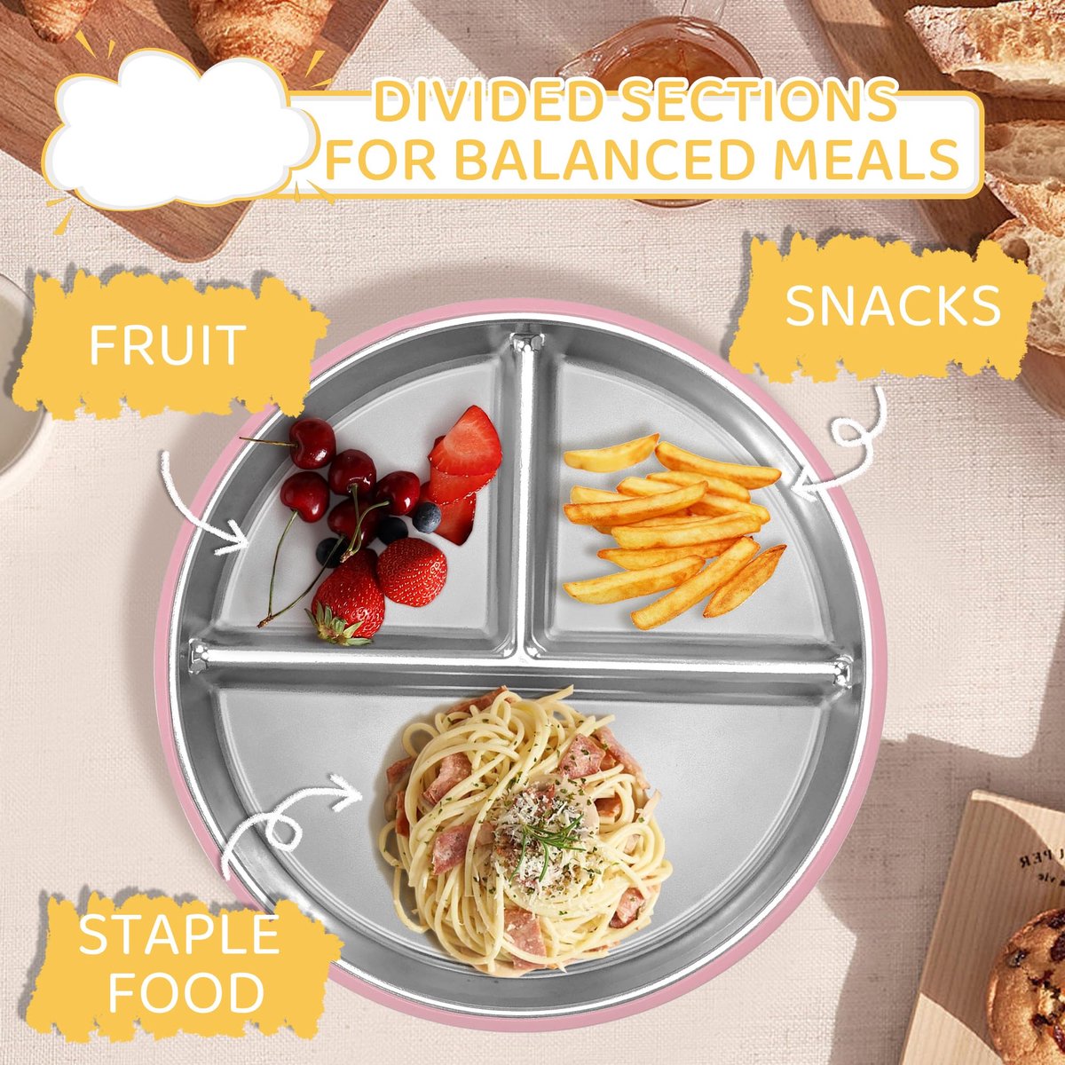 5-Piece Set - Children's Plate - Baby Plate in Stainless Steel - BPA-Free - Non-Slip - Unbreakable - Removable - Suitable for Children 1-3 Years Old - Includes Plate, Bowl, Cup, Fork, Spoon - Pink