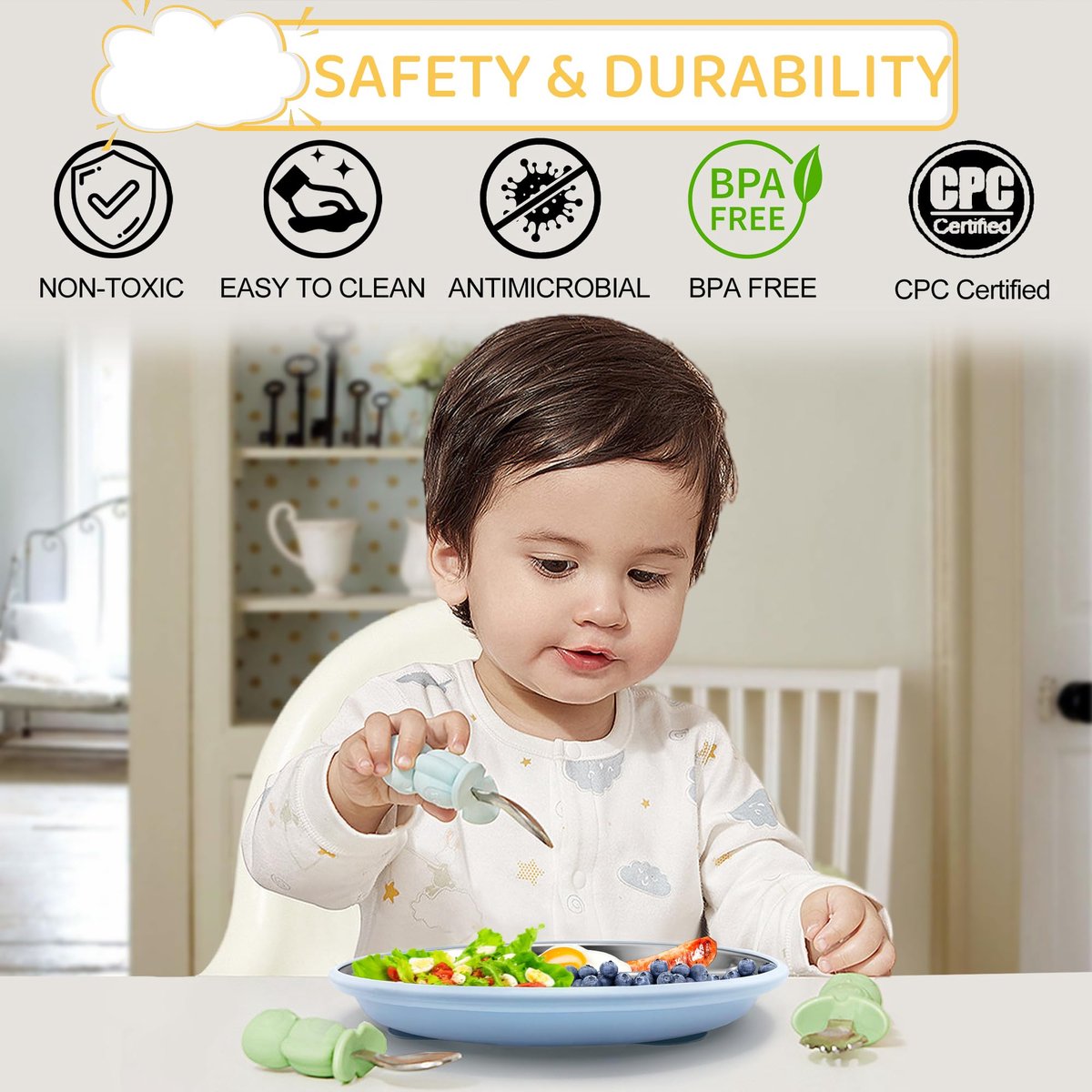 5-Piece Set - Children's Plate - Baby Plate in Stainless Steel - BPA-Free - Non-Slip - Unbreakable - Removable - Suitable for Children 1-3 Years Old - Includes Plate, Bowl, Cup, Fork, Spoon - Pink
