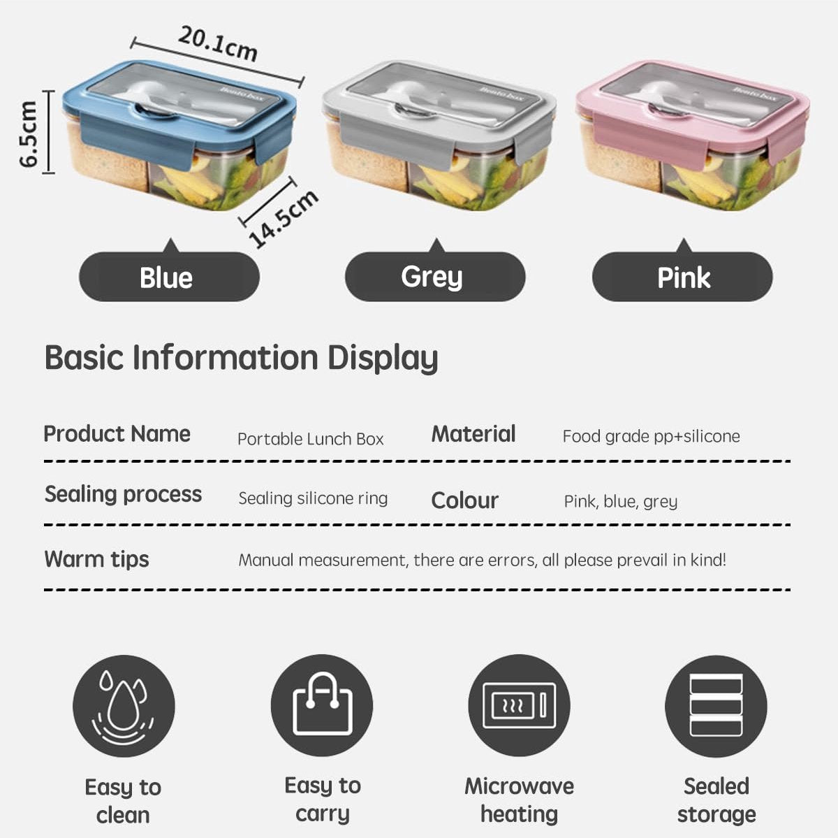 Lunch Box - Children's Lunch Box - Compartmentalized Lunch Box - Reusable Lunch Box - 2-Compartment Lunch Box - Insulated - Sealable - Portable - Microwaveable (Blue)