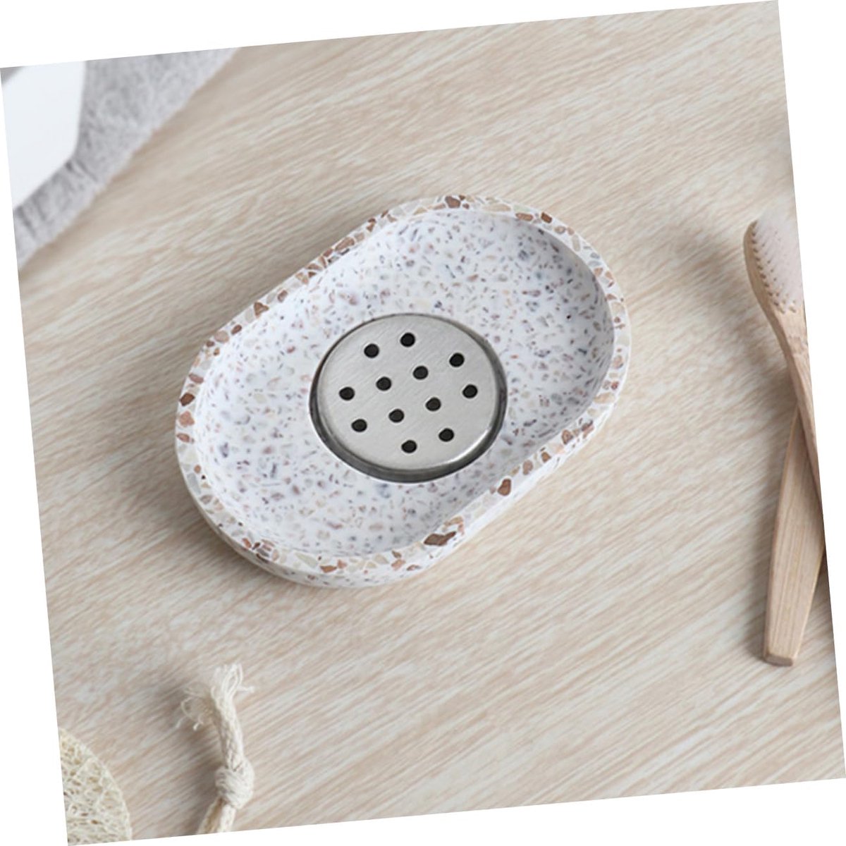 Terrazzo soap dish with stainless steel drainer, beige, natural stone, beige for bathroom, sink and kitchen - Drainage design for bathroom sinks and countertops