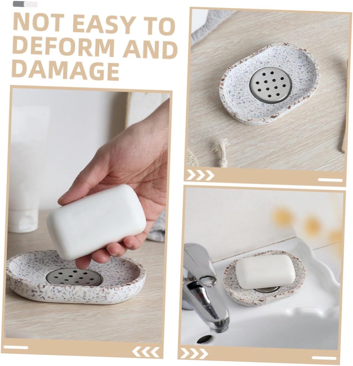 Terrazzo soap dish with stainless steel drainer, beige, natural stone, beige for bathroom, sink and kitchen - Drainage design for bathroom sinks and countertops