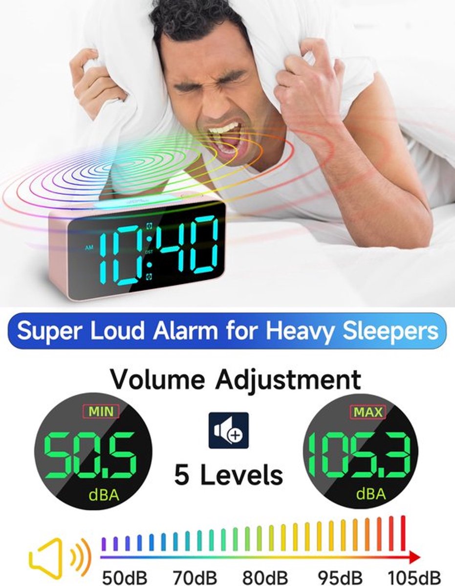 Digital Night Light - Klok Extra Powerful - 7 Colors - Ideal for Heavy Sleepers - Adjustable Volume and USB Charging - Place on the Bedside Table - Pink