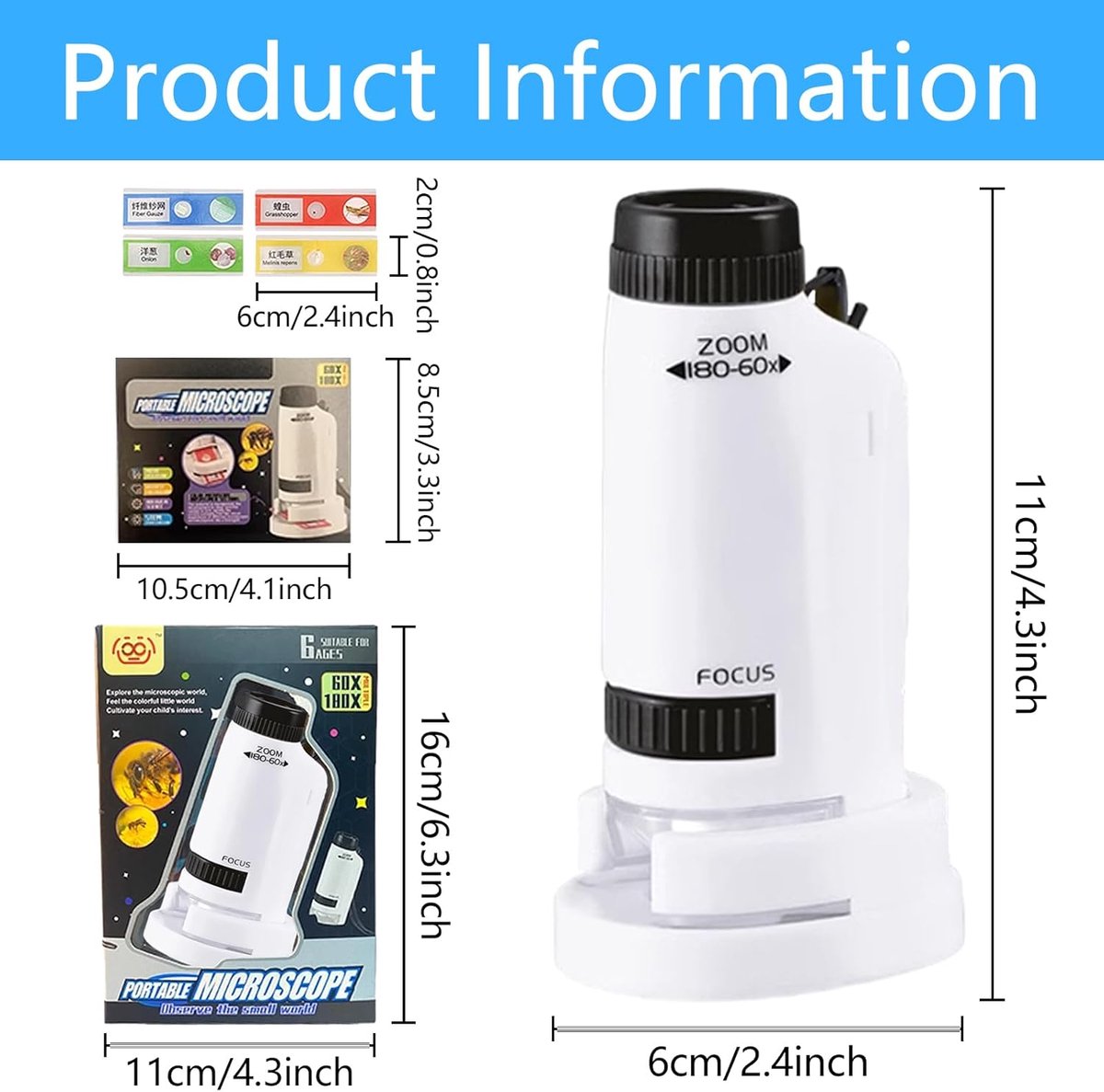Microscope - Children's Microscope - Portable Pocket Microscope - Mini 60X-180X - Kids Exploration Kit - for Students, Science and Play