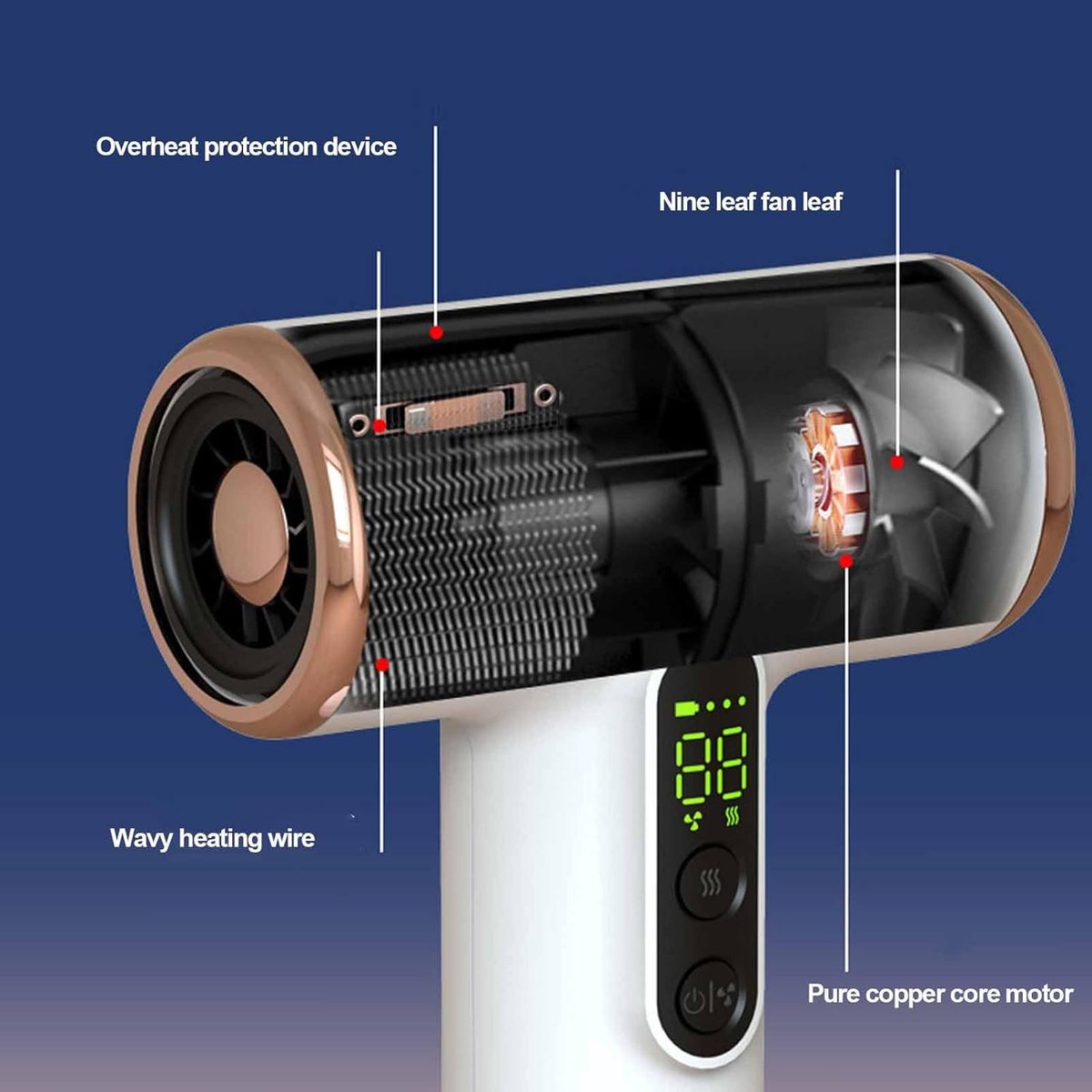 Professional cordless hair dryer - High speed for fast drying, hair dryer, HD screen, 3 temperature and 3 speed settings, for dorm rooms, travel, camping, rechargeable