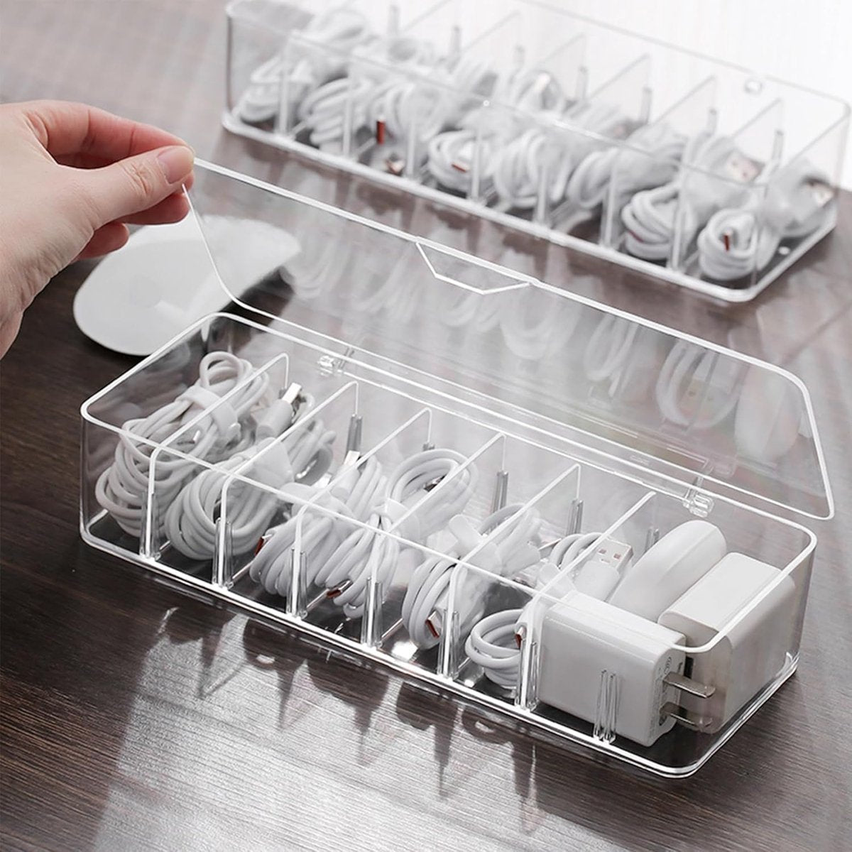 Cable storage box - Cable organizer with 10 cable ties - Cable storage box - Clear plastic storage box for office, workbench, living room, bedroom (large size with lid)