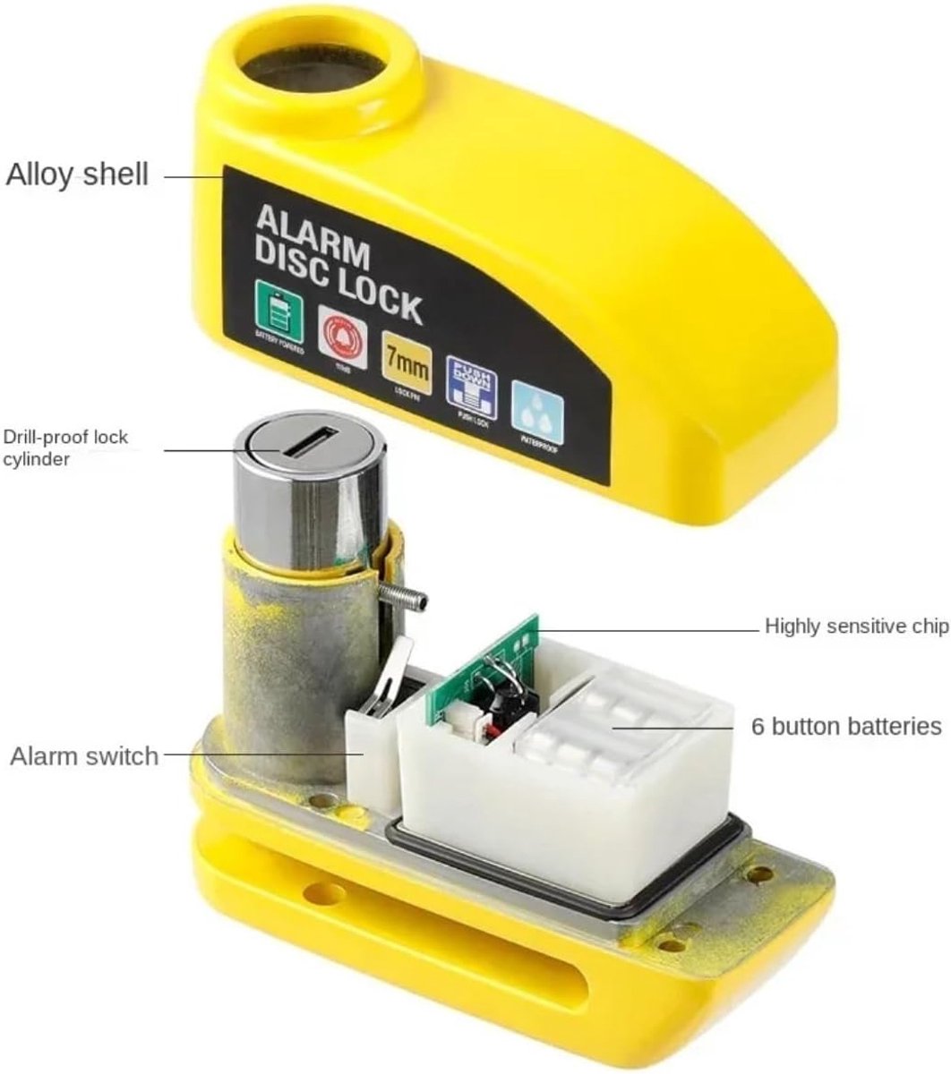 Brake disc lock with alarm - With reminder cable - 7 mm - Motorcycle lock - Scooter lock