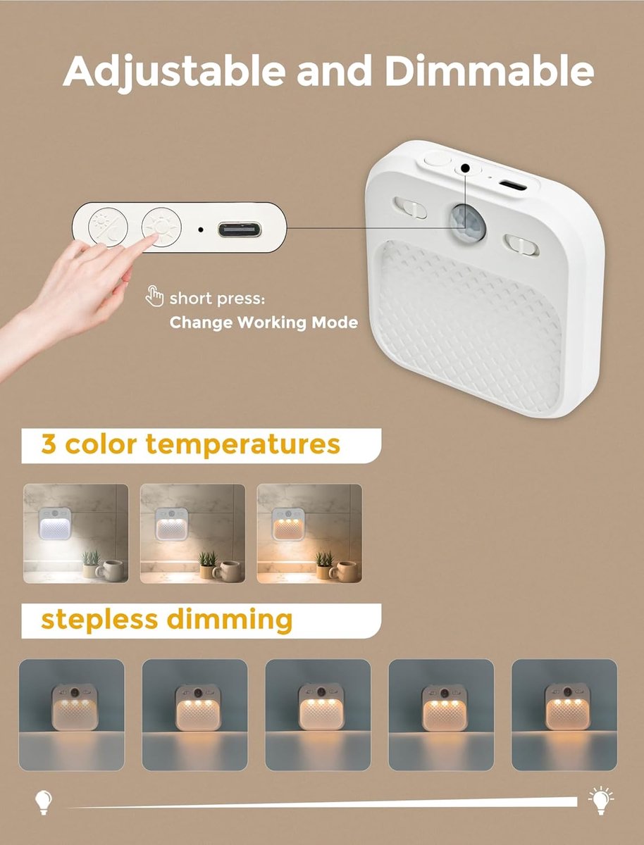 Night light - Night light plug - Children's night light - Night light with motion detector - With 3 detection modes - Rechargeable - 3 light colors - With adjustable brightness - For stairs - Hallway - Children's room - Bedroom