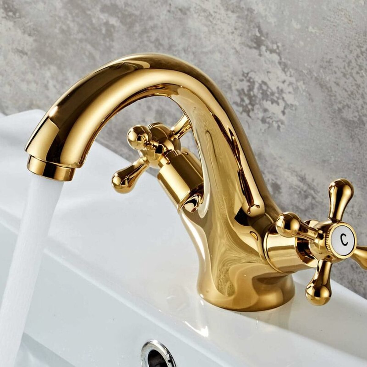 Set of 100 retro two-handle basin taps, in vintage antique brass, with cross handle, elegant design and simple holes, gold plated