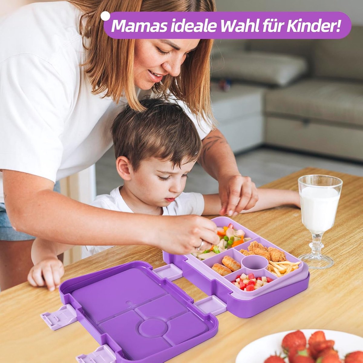 Kids Bento Lunch Box with 6 compartments for School, Kindergarten and Outdoors, Leakproof, Dishwasher Safe, BPA Free (purple)