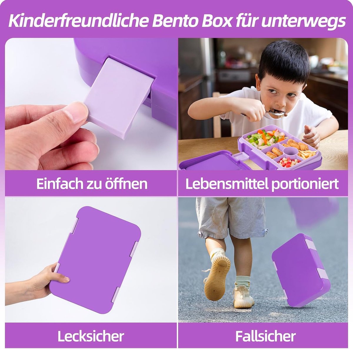 Kids Bento Lunch Box with 6 compartments for School, Kindergarten and Outdoors, Leakproof, Dishwasher Safe, BPA Free (purple)