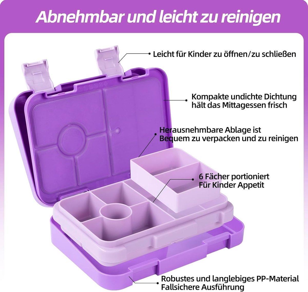 Kids Bento Lunch Box with 6 compartments for School, Kindergarten and Outdoors, Leakproof, Dishwasher Safe, BPA Free (purple)