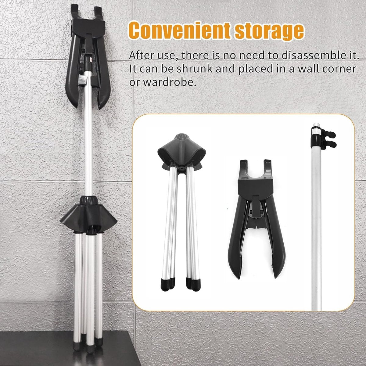 Hanger - Folding ironing hanger - Garment steamer hanger - Folding hanger - Hanger for portable garment steamer with ironing gloves - Telescopic support - Folding garment steamer hanger (black)