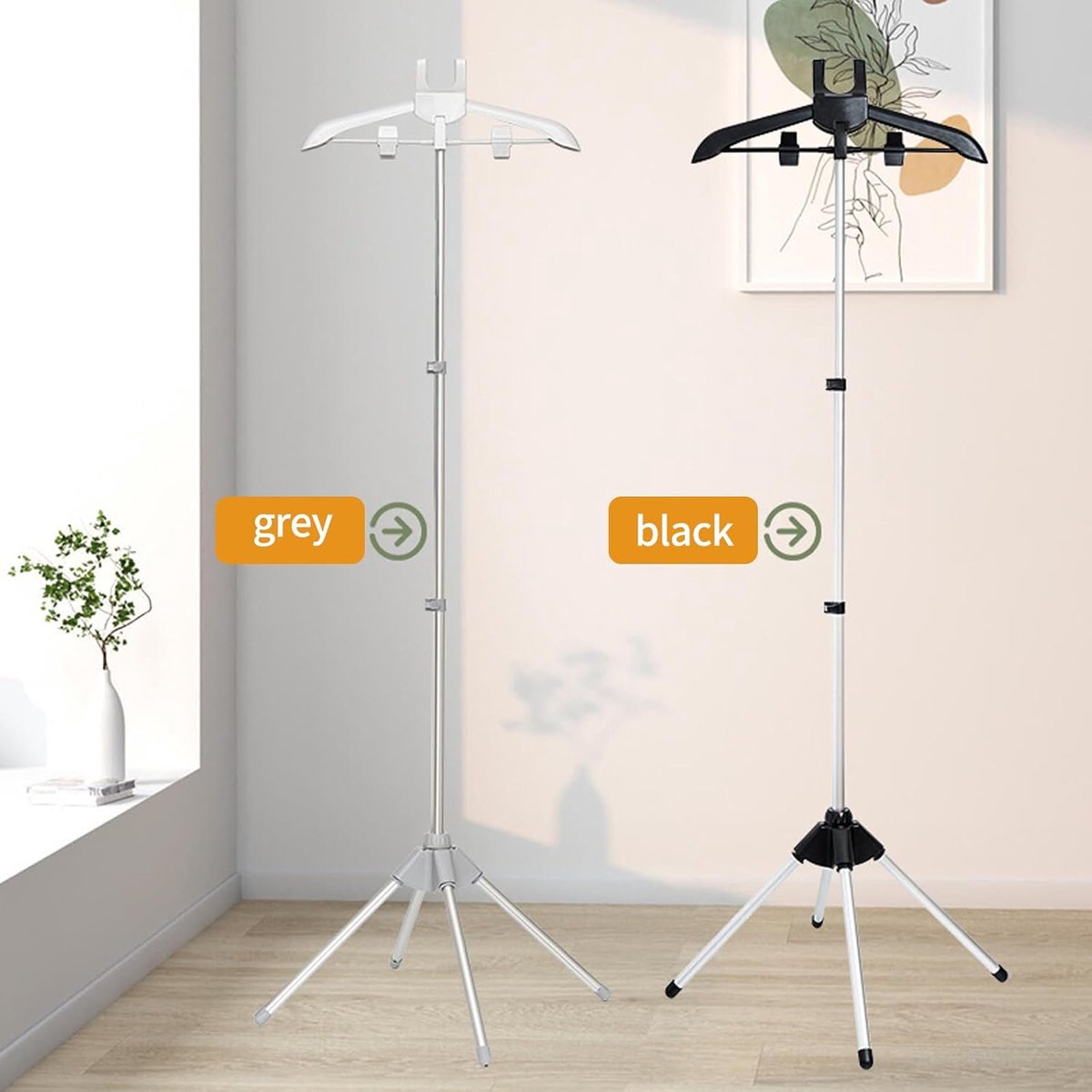 Hanger - Folding ironing hanger - Garment steamer hanger - Folding hanger - Hanger for portable garment steamer with ironing gloves - Telescopic support - Folding garment steamer hanger (black)