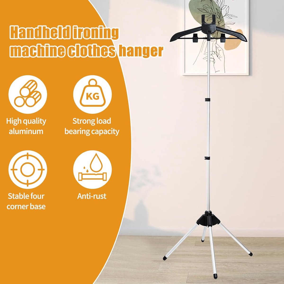 Hanger - Folding ironing hanger - Garment steamer hanger - Folding hanger - Hanger for portable garment steamer with ironing gloves - Telescopic support - Folding garment steamer hanger (black)