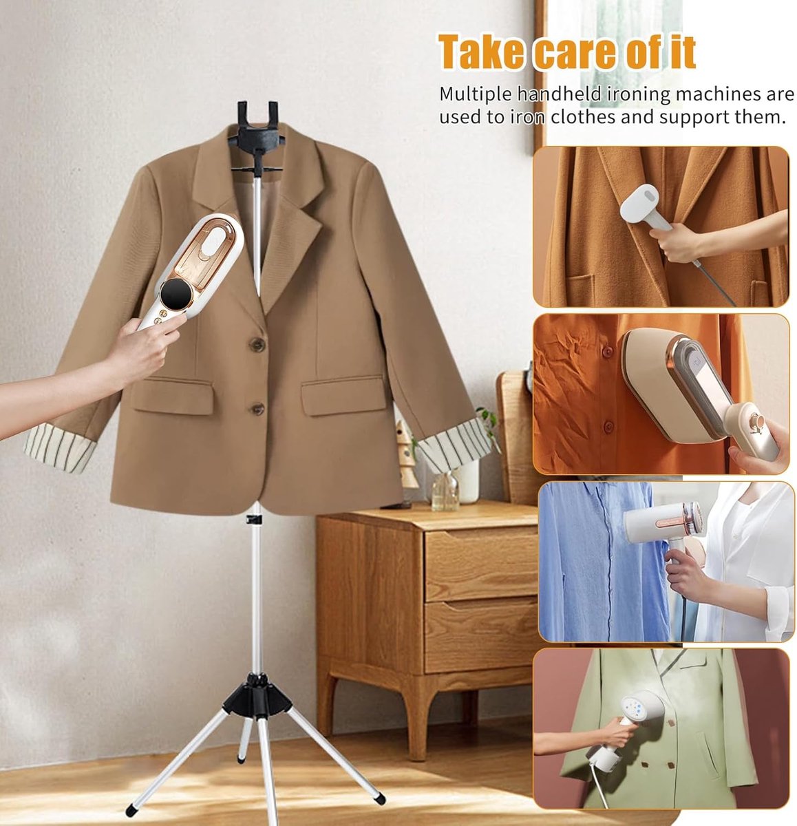 Hanger - Folding ironing hanger - Garment steamer hanger - Folding hanger - Hanger for portable garment steamer with ironing gloves - Telescopic support - Folding garment steamer hanger (black)