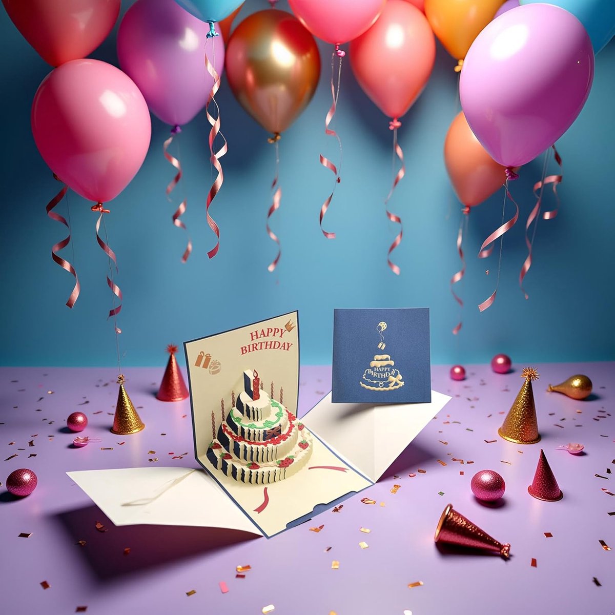 10 pcs Greeting cards - Blue pop-up birthday cake card - 3D birthday card - Pop-up cards - Cake greeting cards - Postcards - Perfect for a friend, wife, husband, or partner - Humorous card - Gift accessories