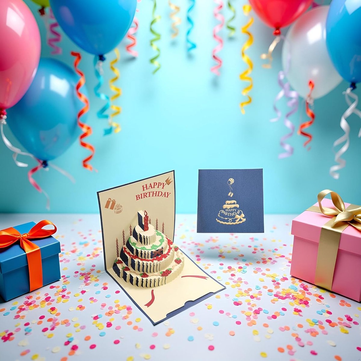 10 pcs Greeting cards - Blue pop-up birthday cake card - 3D birthday card - Pop-up cards - Cake greeting cards - Postcards - Perfect for a friend, wife, husband, or partner - Humorous card - Gift accessories