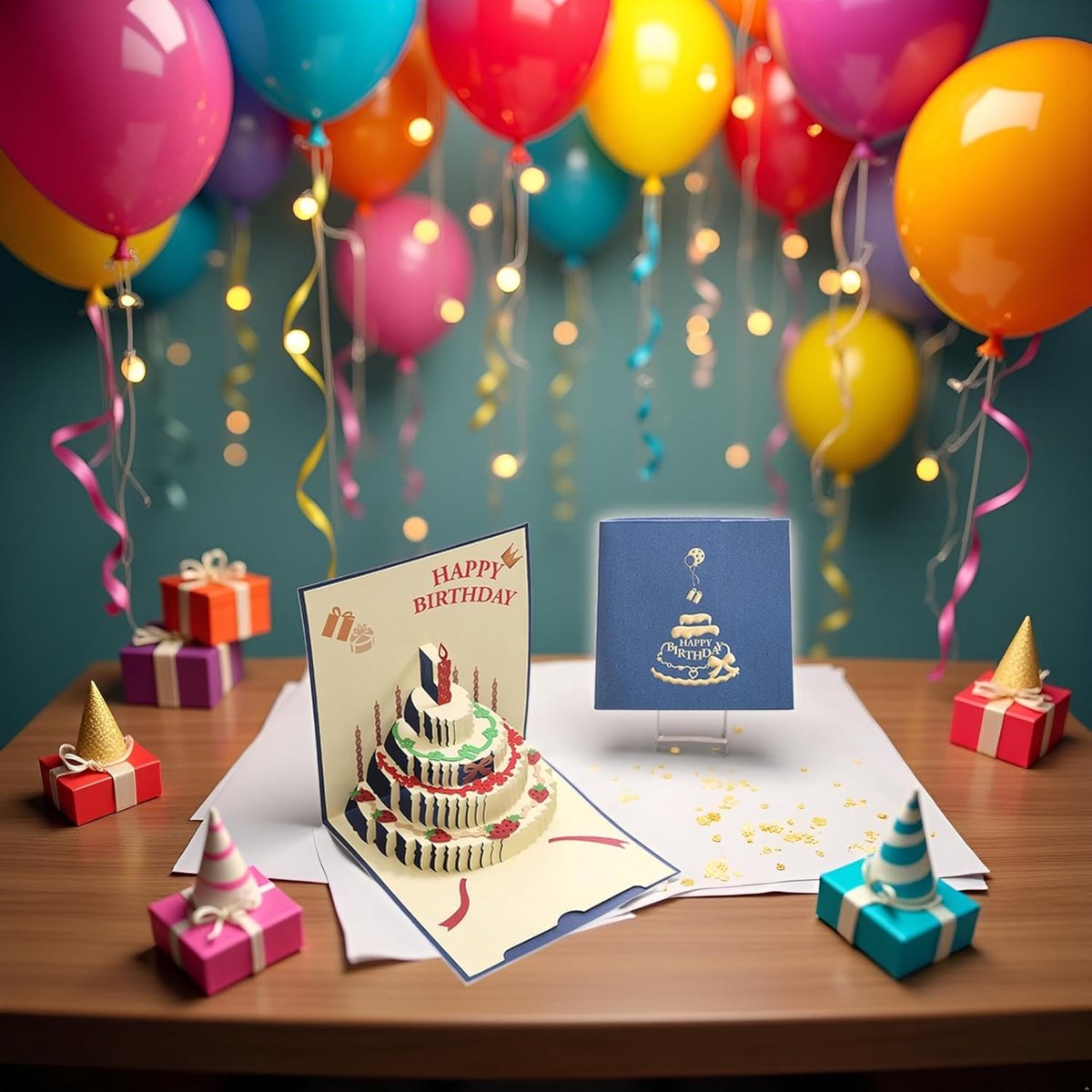 10 pcs Greeting cards - Blue pop-up birthday cake card - 3D birthday card - Pop-up cards - Cake greeting cards - Postcards - Perfect for a friend, wife, husband, or partner - Humorous card - Gift accessories