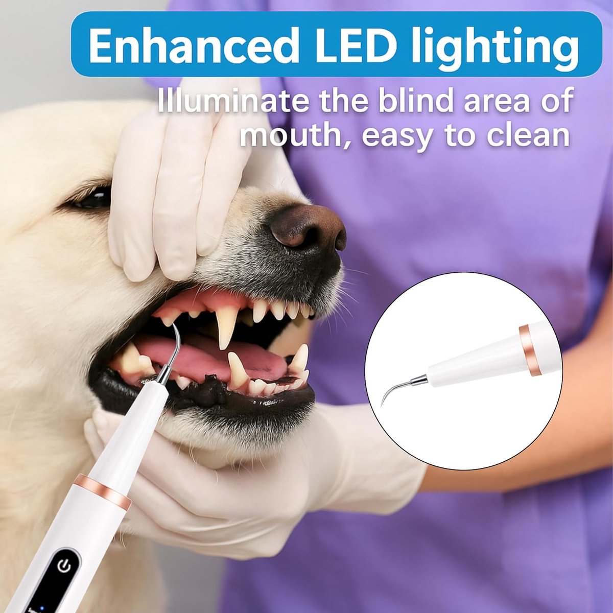 Electric Dog Toothbrush - Dental Cleaning Tools - Dog Toothbrush Set with LED Light - Rechargeable Dental Device, Anti-Plaque for Dogs and Cats - Wit