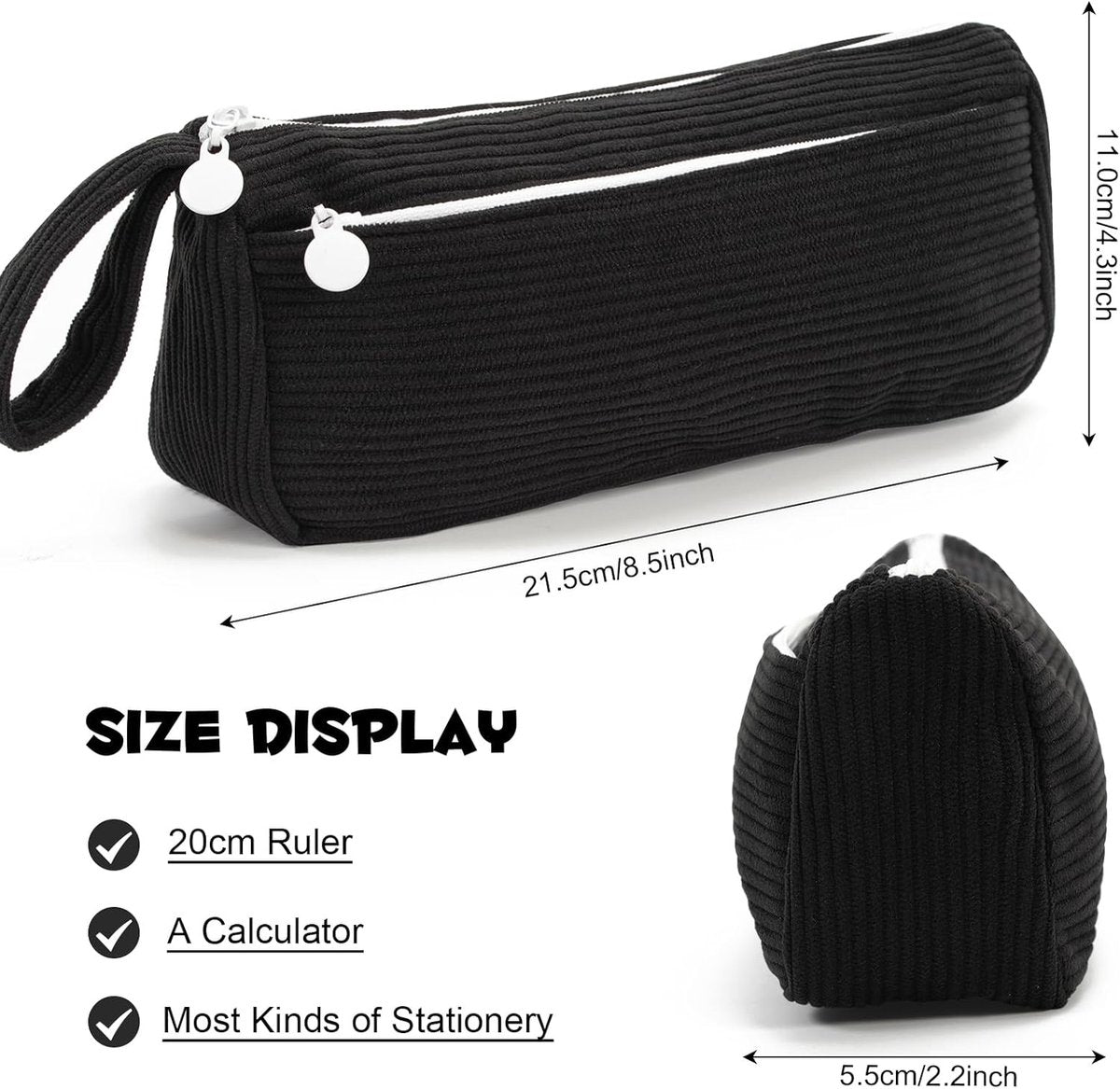 Corduroy Pencil Case - Cute pencil case with a convenient zipper - Makeup bag - Suitable for school-aged teenagers, boys and girls - black