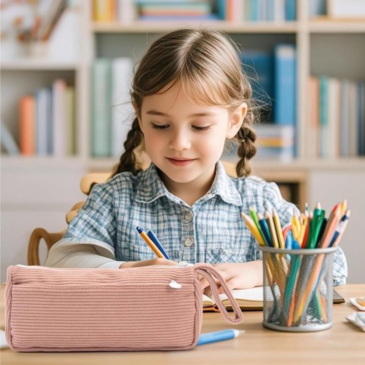 Corduroy Pencil Case - Cute pencil case with a practical zipper - Makeup bag - Suitable for school-aged teenagers, boys and girls - brown