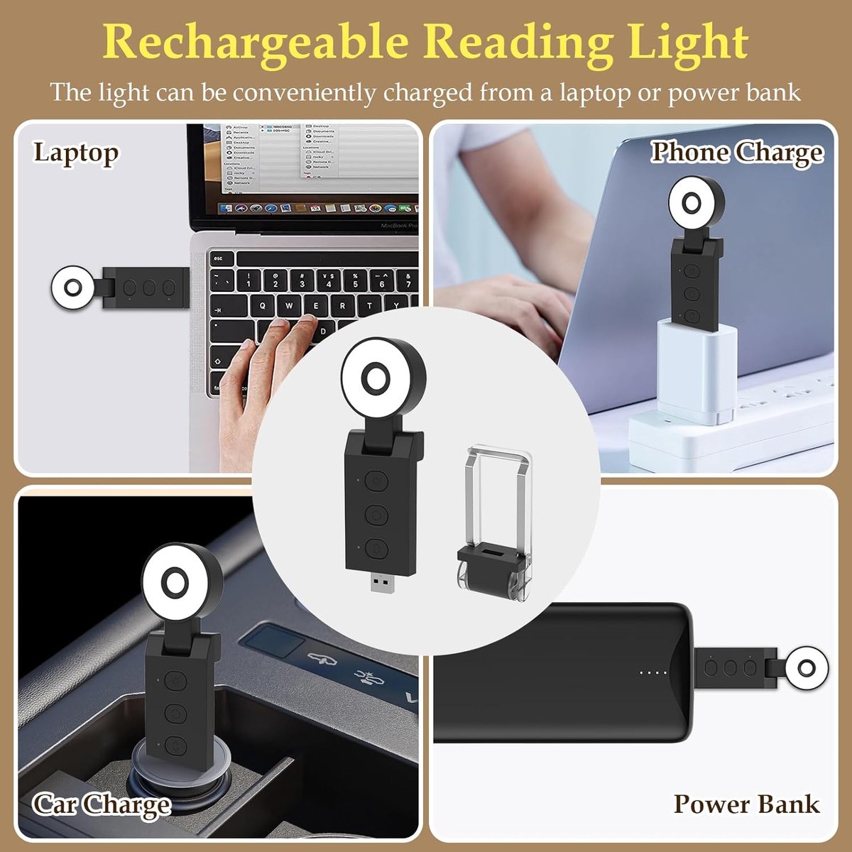 Reading light for books - For bed - With clip - Rechargeable - 5 settings - Bedside lamp - Black