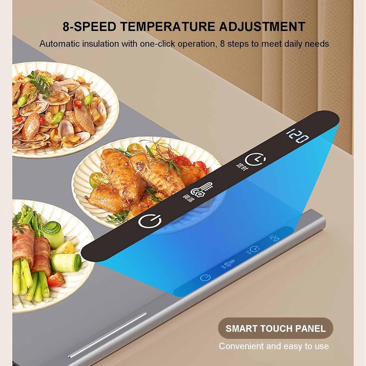 250W roll-up electric hot plate with 8 temperature settings and a 6-hour timer, for buffets, made of waterproof silicone, grey