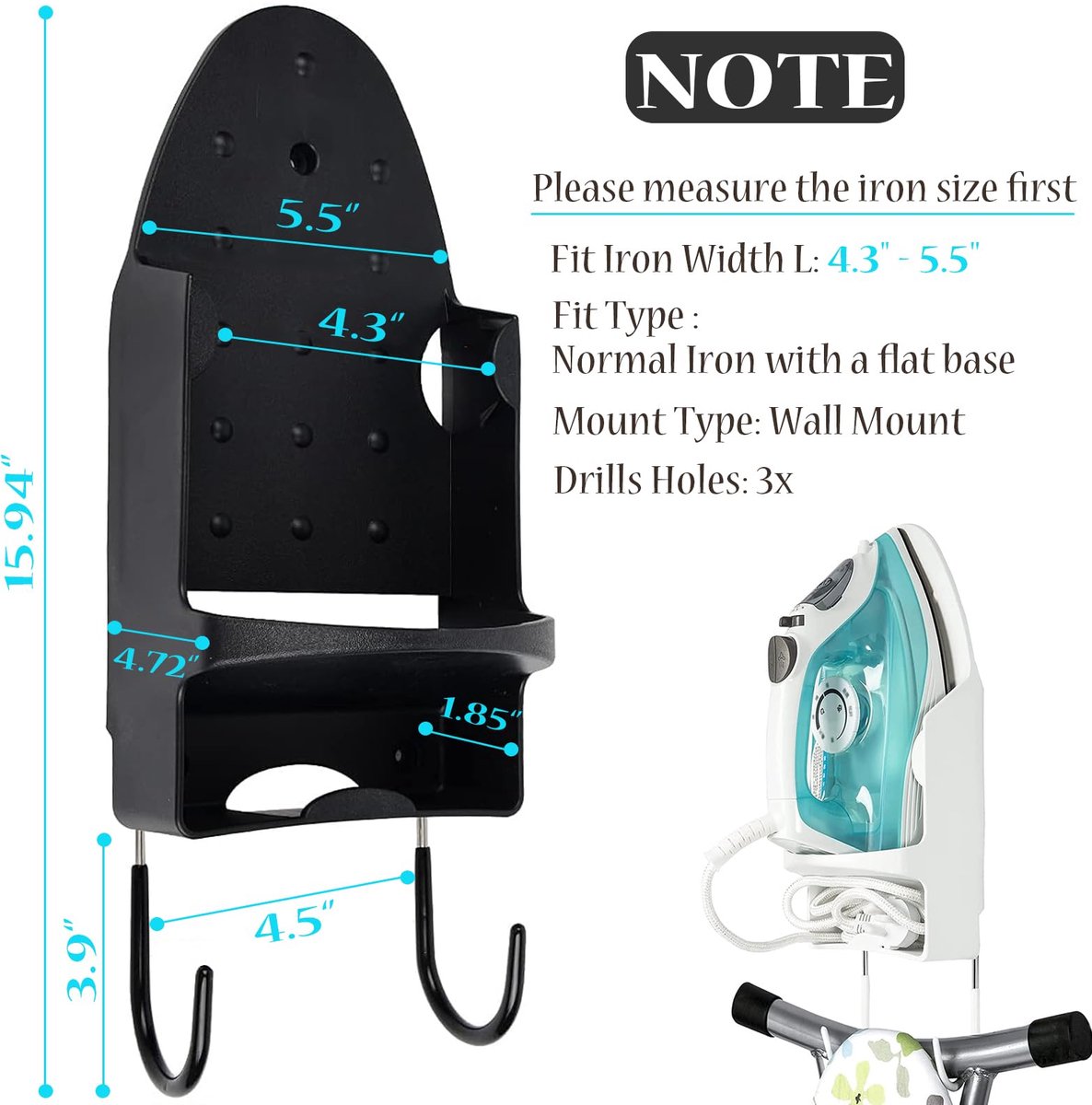 Ironing board and iron holder - Wall-mounted iron - Suspension system for your ironing board AND iron - Simple ironing board holder - 308*148*106mm - Black