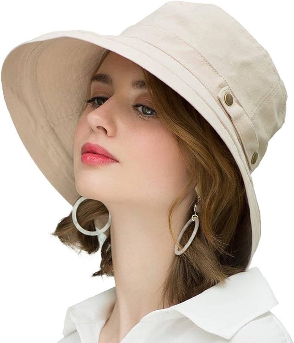 Women's Sun Hat - Katoen Wide Brim - UPF 50+ UV Protection - Foldable Beach Hat - Summer Bucket Hat - Travel Button Closure - Beige - One Size