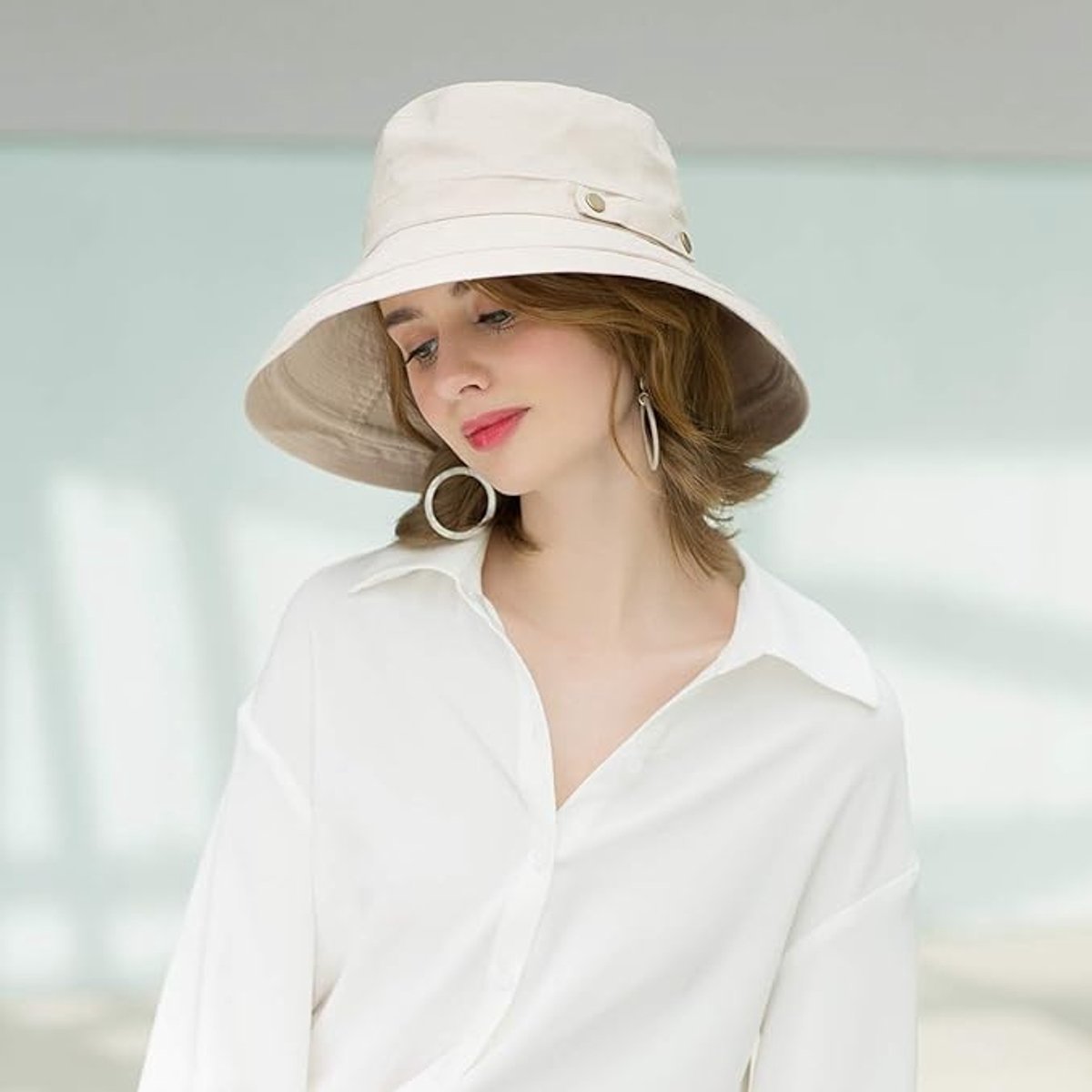 Women's Sun Hat - Katoen Wide Brim - UPF 50+ UV Protection - Foldable Beach Hat - Summer Bucket Hat - Travel Button Closure - Beige - One Size
