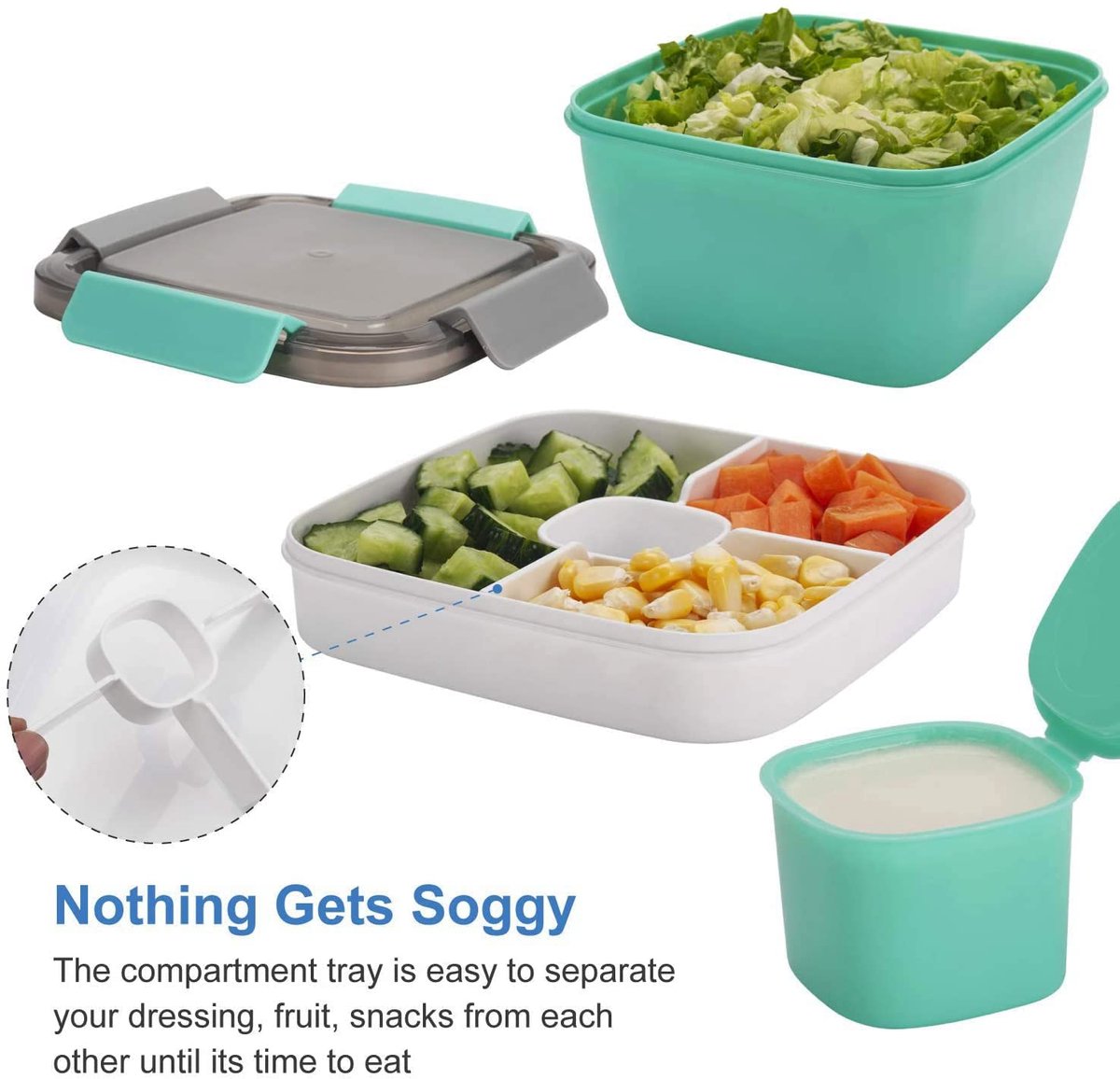 Lunch box - Compartmentalized lunch box - Bento box - Salad lunch box - Salad bowl lunch box - Fruit box for school, work, picnics and travel - 1500 ml 17.4 x 17.4 x 9.6 cm - Vegetables