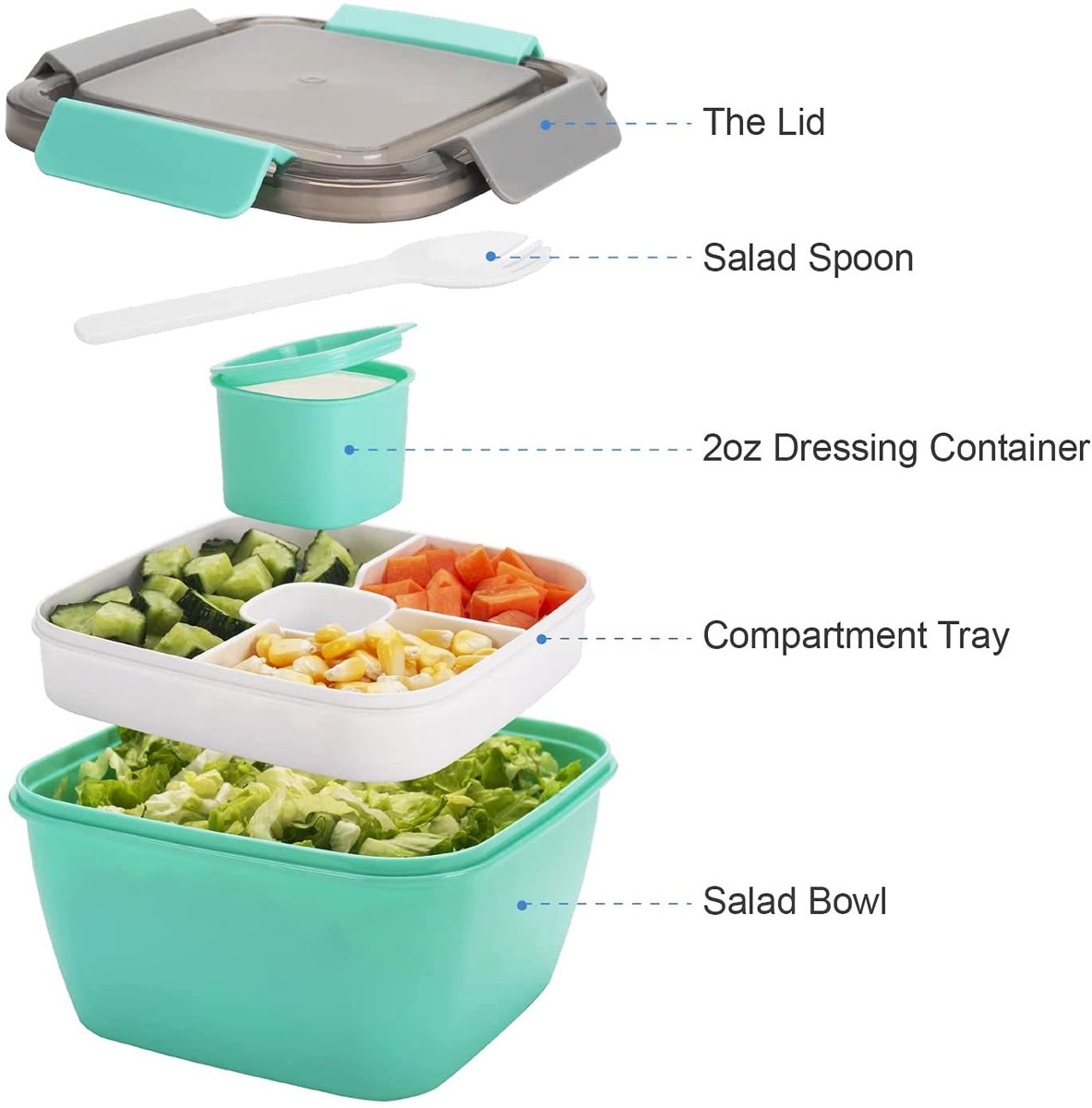 Lunch box - Compartmentalized lunch box - Bento box - Salad lunch box - Salad bowl lunch box - Fruit box for school, work, picnics and travel - 1500 ml 17.4 x 17.4 x 9.6 cm - Vegetables