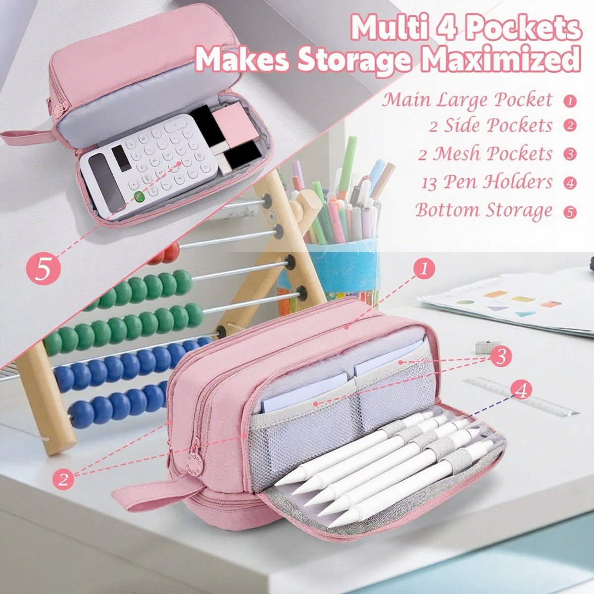 Pencil Case - Pencil Case - Pencil Case for Boys and Girls - Multifunctional Compartment Pencil Case - School Supplies - 22x11x9.5cm - Pink