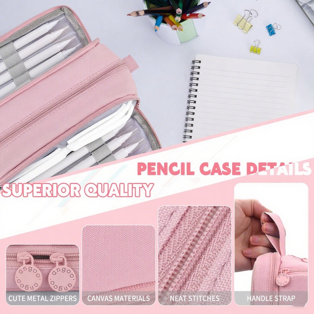 Pencil Case - Pencil Case - Pencil Case for Boys and Girls - Multifunctional Compartment Pencil Case - School Supplies - 22x11x9.5cm - Pink