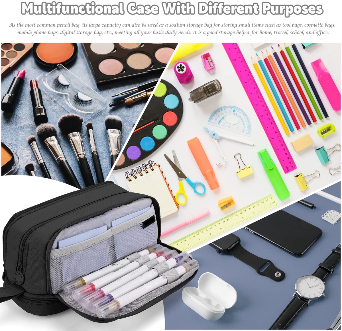 Pencil case - Pencil case - Pencil case for boys and girls - Multifunctional pencil case with compartments - School supplies - 22x11x9.5cm - Black