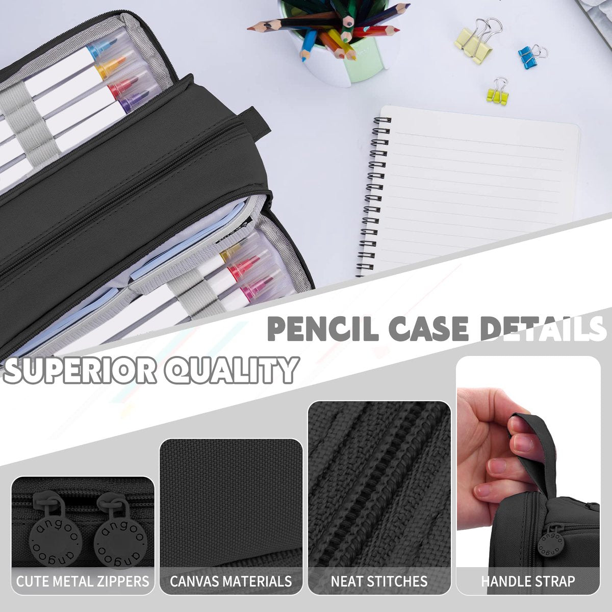 Pencil case - Pencil case - Pencil case for boys and girls - Multifunctional pencil case with compartments - School supplies - 22x11x9.5cm - Black