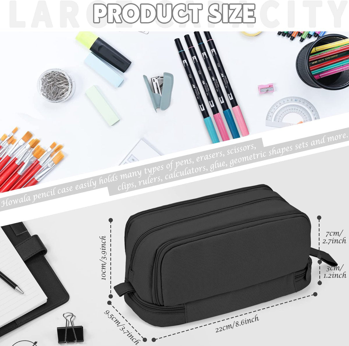 Pencil case - Pencil case - Pencil case for boys and girls - Multifunctional pencil case with compartments - School supplies - 22x11x9.5cm - Black